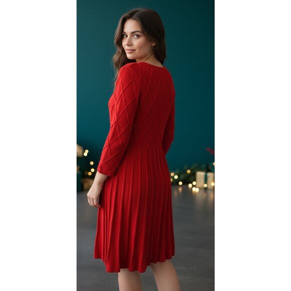 J Howard Red Sweater Dress-Fit and Flare Pleated-Holiday Diamond Pattern Knit-L - Picture 2 of 11
